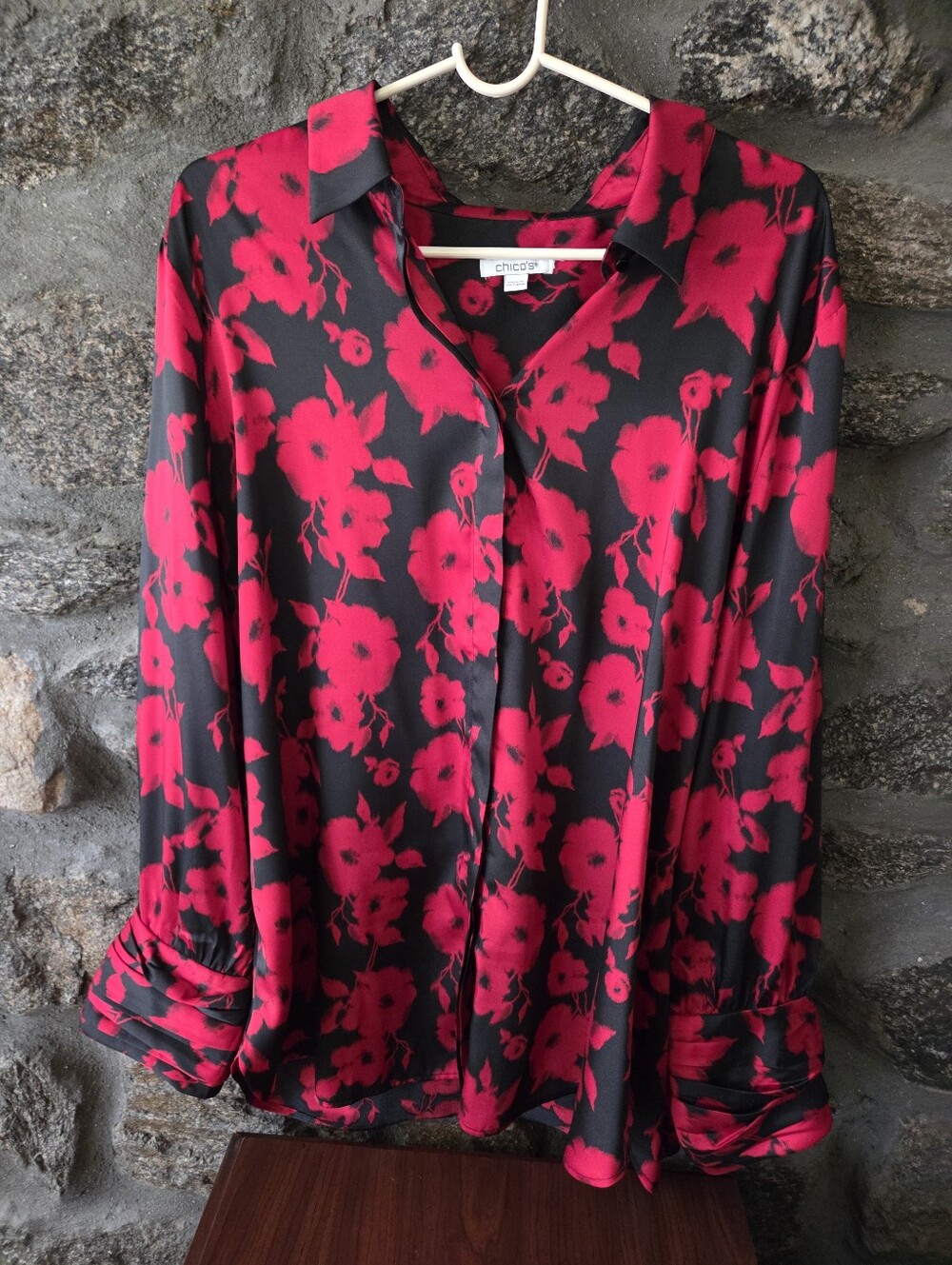 Chico's Black Blouse with Red Floral Print